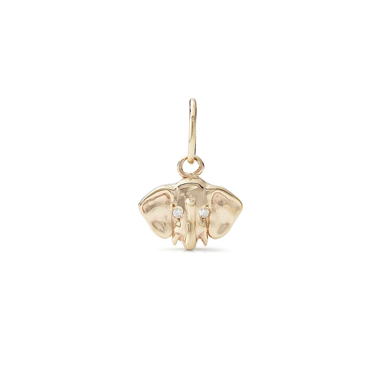 14k gold elephant pendant with sparkling diamond eyes, featuring trunk up for good luck, available as charm or pendant